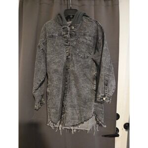 Thrill Jeans‎ Acid Wash Denim Hoodie, Unisex Small Jacket, Longline Frayed Hem